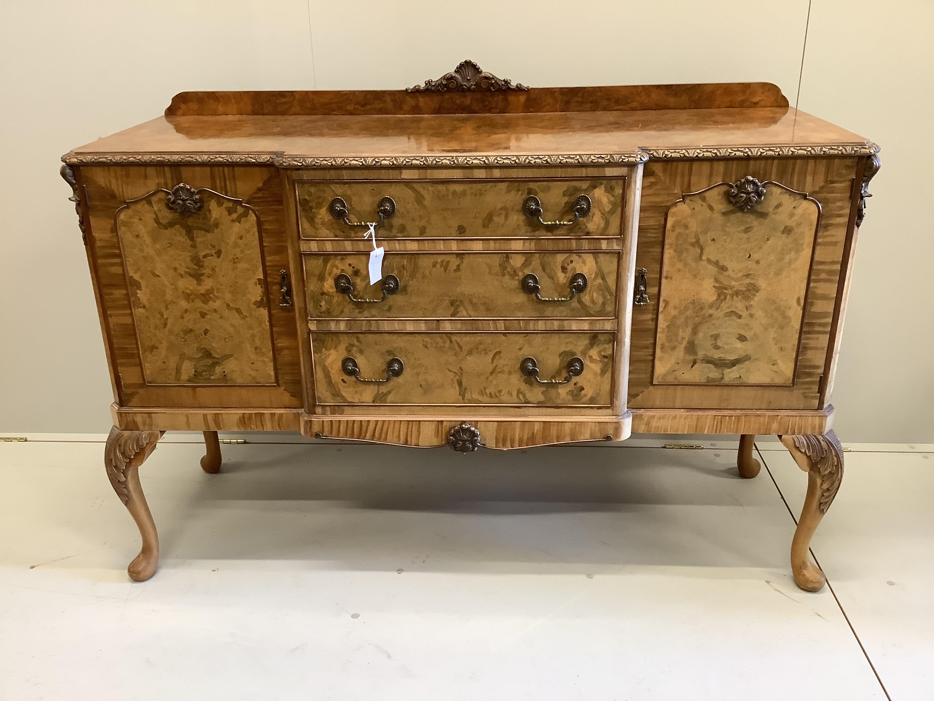 A Queen Anne revival walnut and simulated walnut breakfront sideboard, width 150cm, depth 53cm, height 109cm